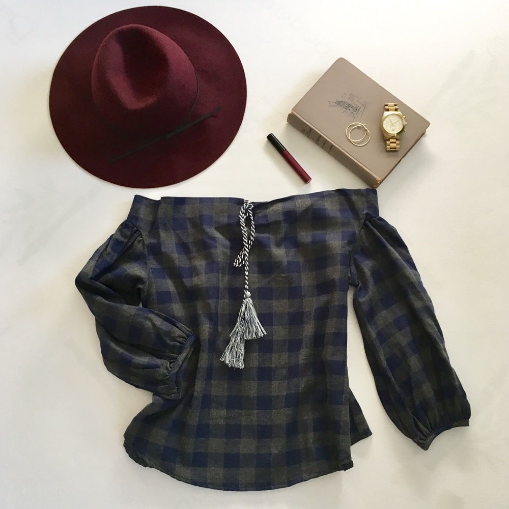 SOLD Off the shoulder blue plaid top