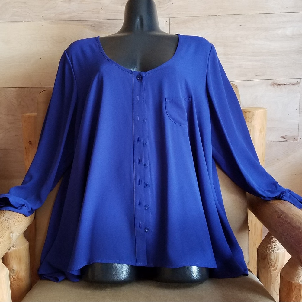 Deep Royal Blue Button Front Hi-Lo w/Long Sleeves