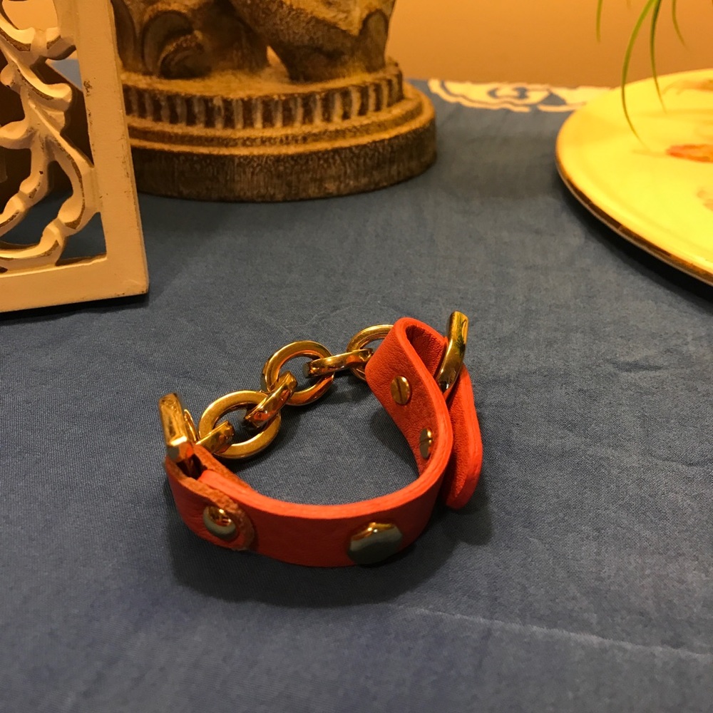 Peachy pink leather and gold chain bracelet