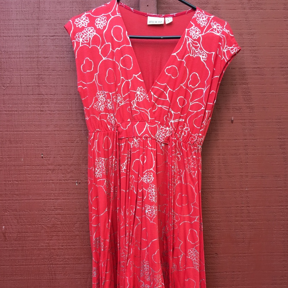 Mixie coral and silver dress.