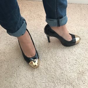 Dolce Vita black high heels with metal gold toe