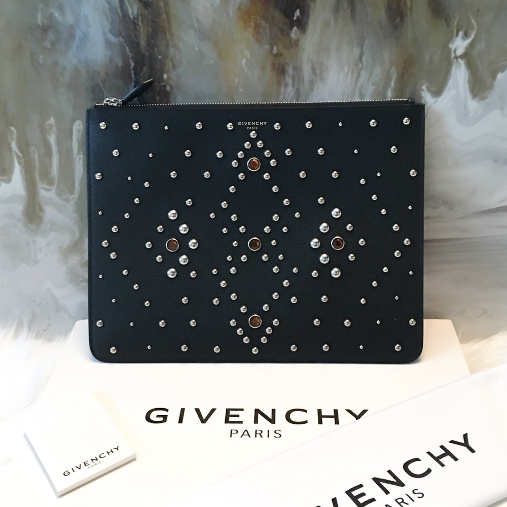 Auth Givenchy Black Studded Leather Clutch NWB - Picture 1 of 8