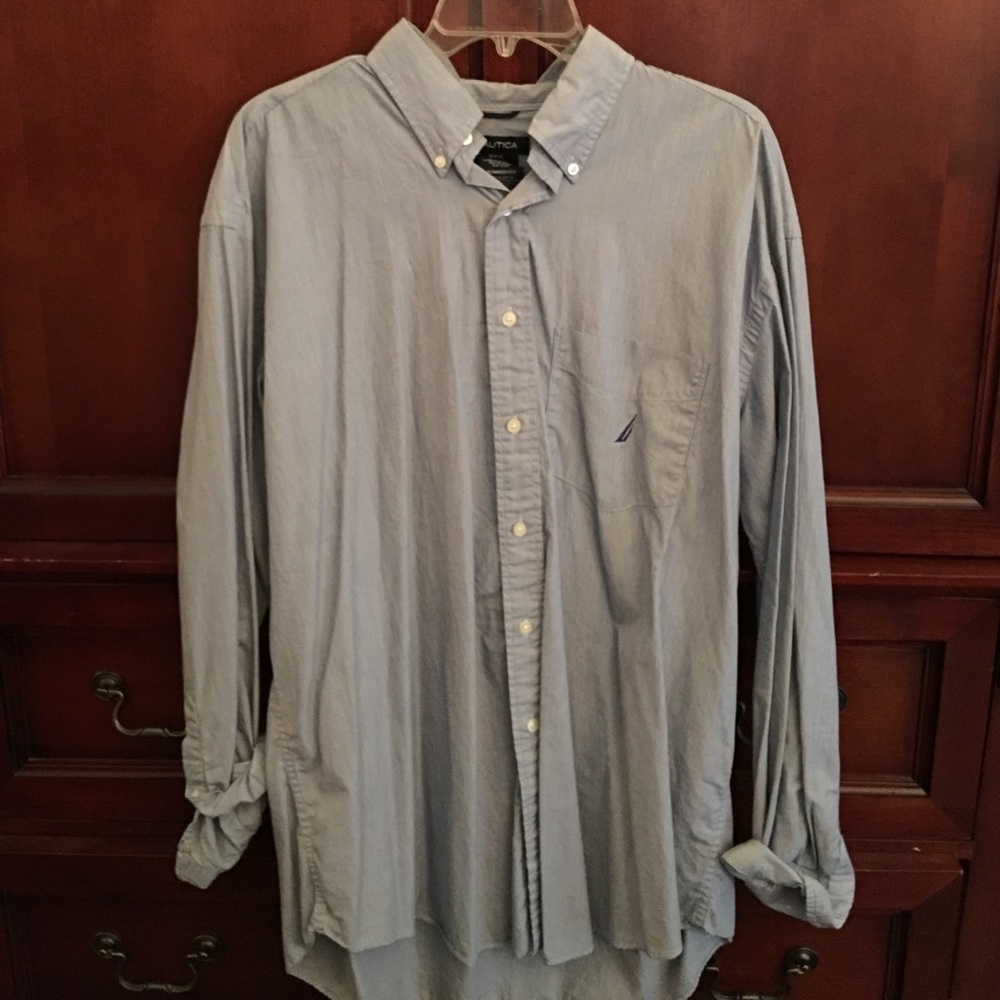 White navy pin stripe long sleeve button up