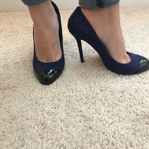 Blue suede heels with black patent leather toe