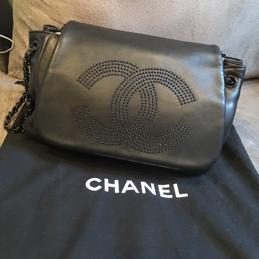 Chanel Lambskin Black Studded Accordion Handbag