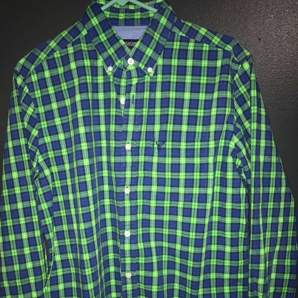 Long sleeve green and blue button up shirt