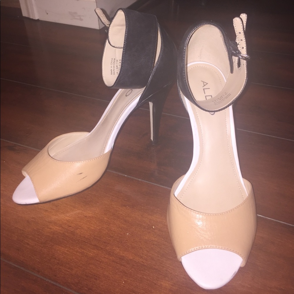 Aldo | Nude/black, ankle strap, peep toe heel