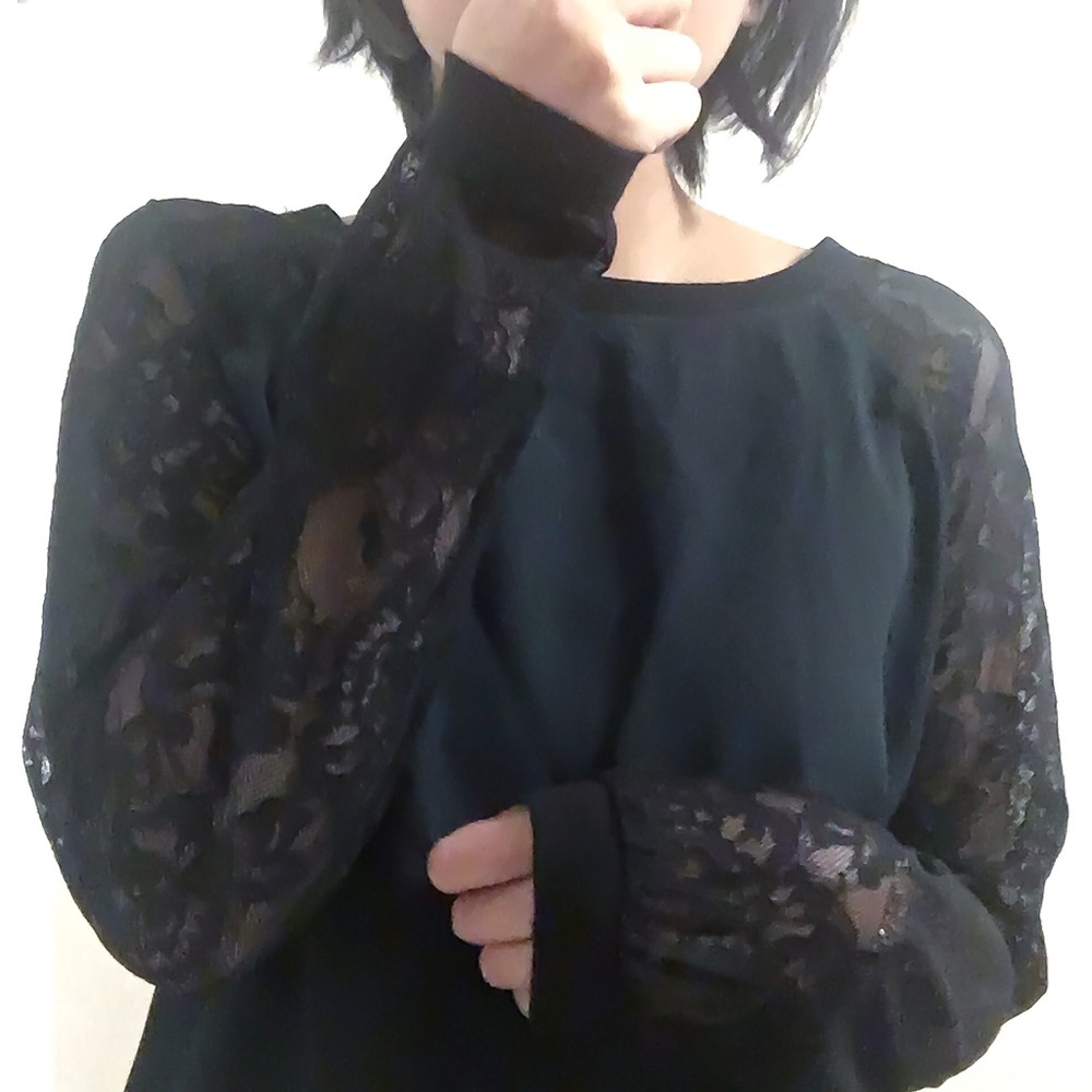 LOFT dark sheer blouse w/ lace sleeves