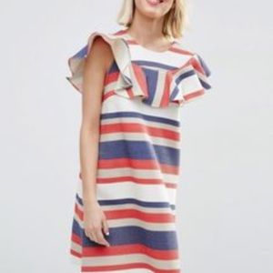 ASOS red blue ruffle stripe 4 a line swing dress