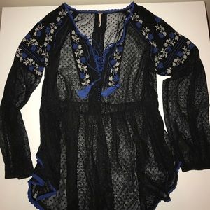 Free People Black Sheer Lace Up Peasant Top