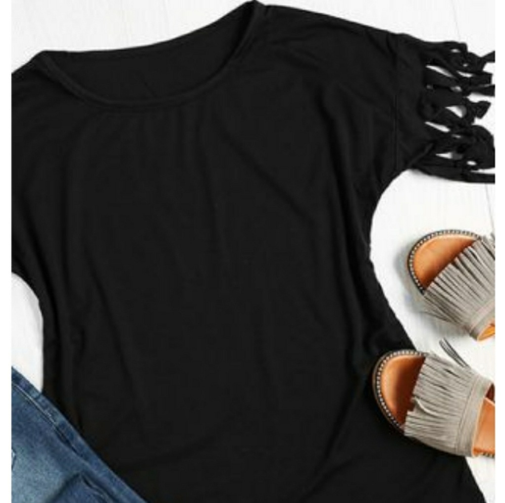 Black Fringed Sleeve Top