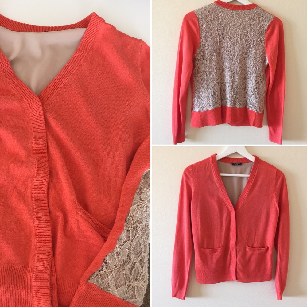 Red-Orange Ann Taylor Button Top with Lace Back