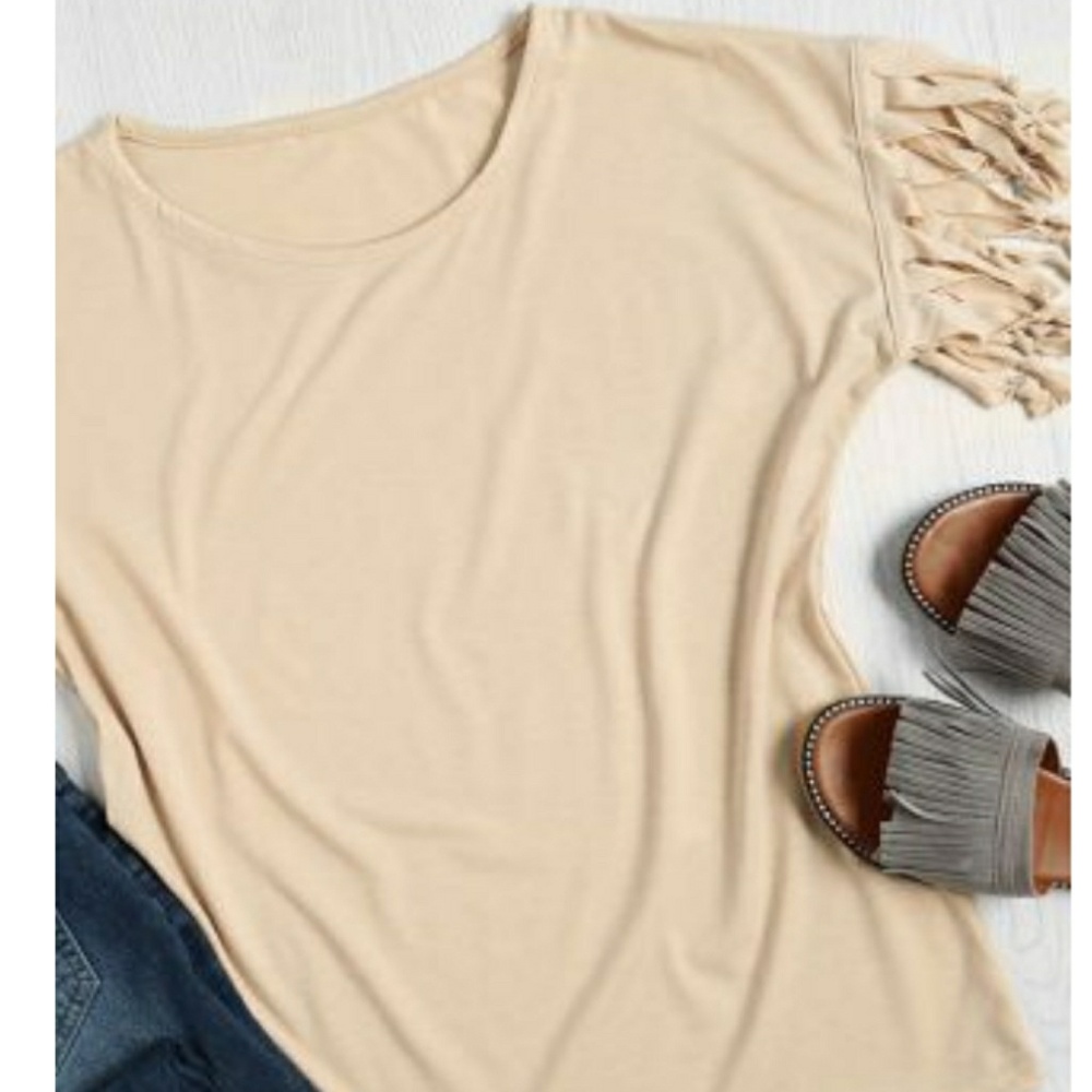 Beige Fringe Sleeve Top