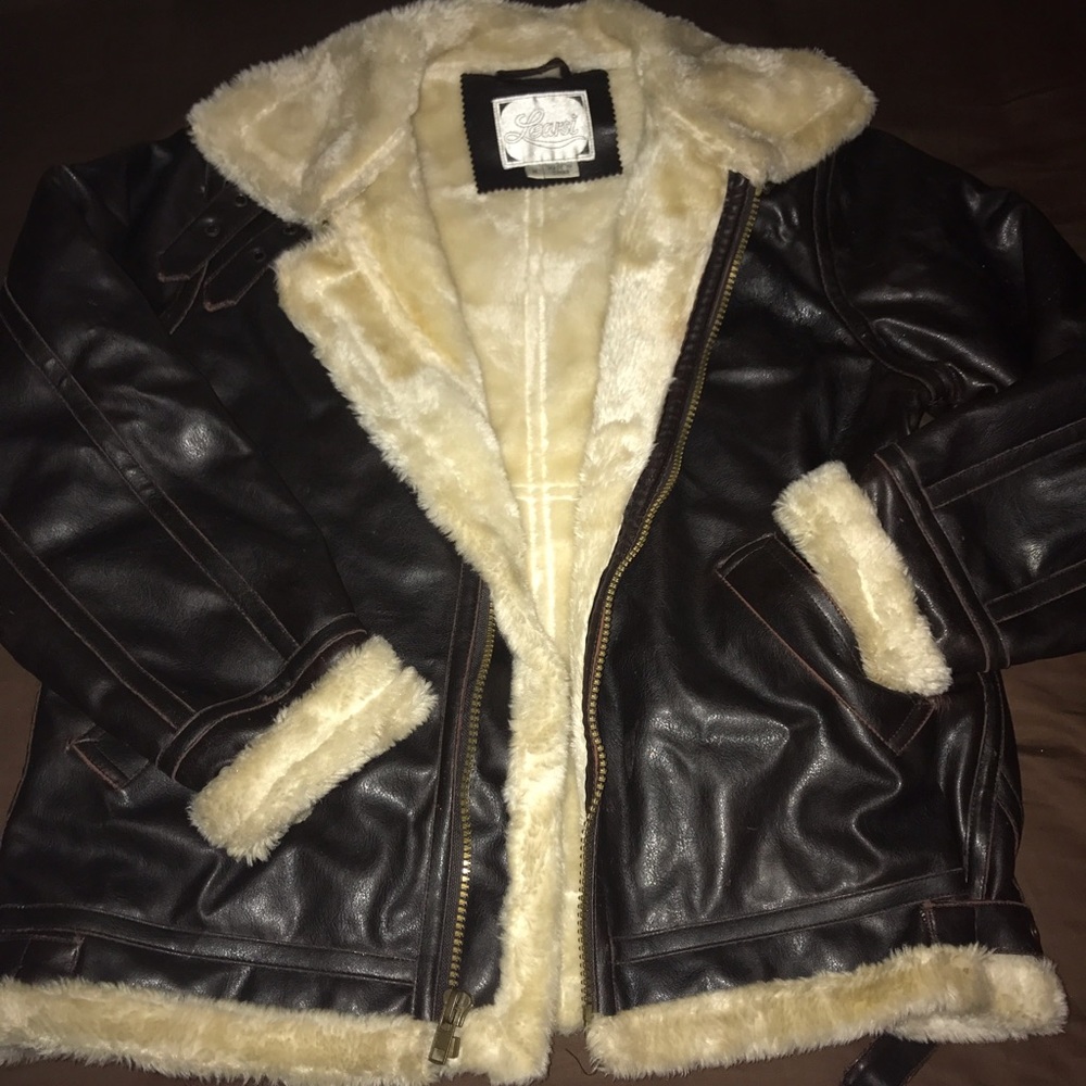 VINTAGE Leather jacket with faux fur collar lining