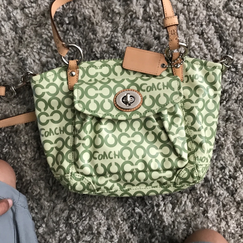 Cre me and green leather with brown straps