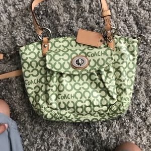 Cre me and green leather with brown straps