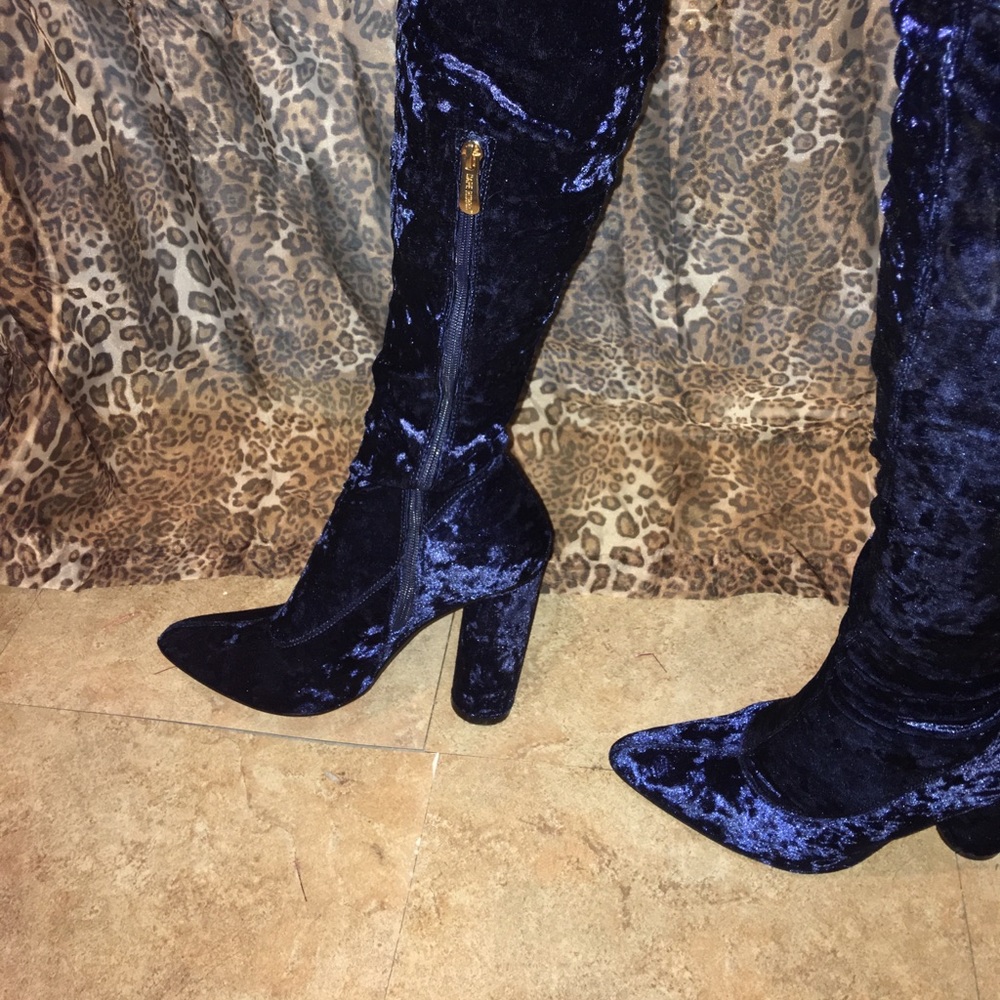 Thigh high Swede heel boots