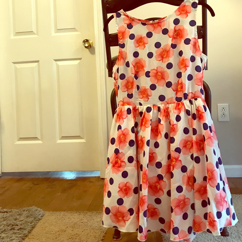 Navy Polkadot and Coral Flower Dress
