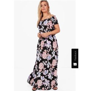Boohoo Curve off the shoulder, floral print maxi