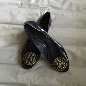 Navy blue patent leather wedge