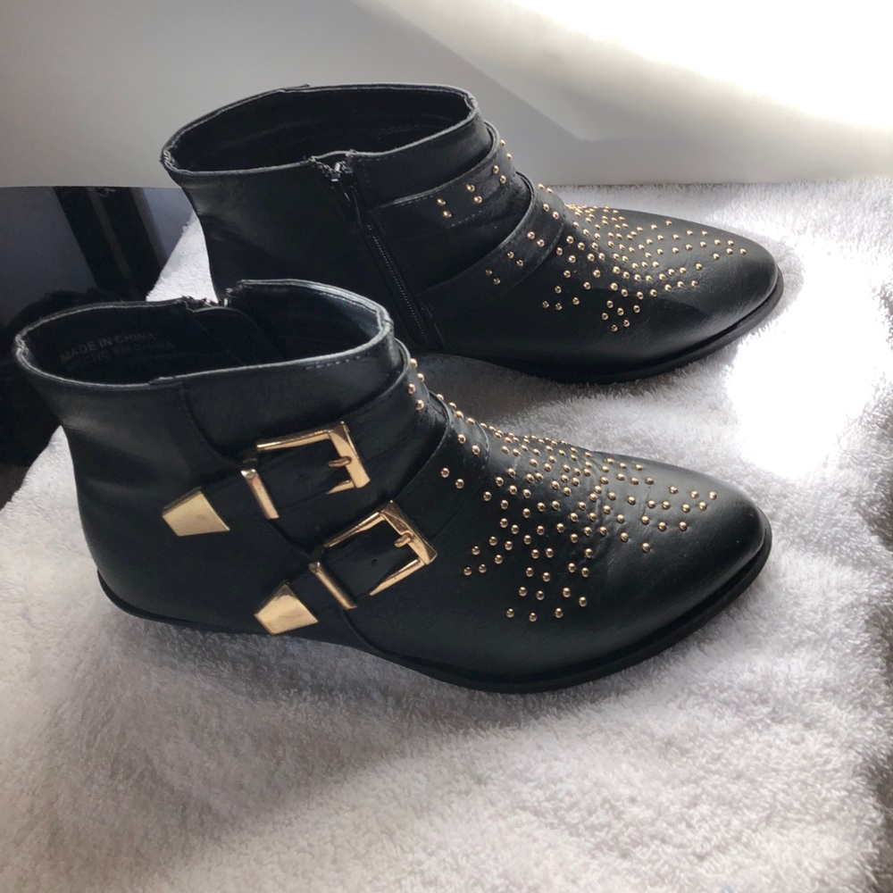 Black and gold buckle stud booties
