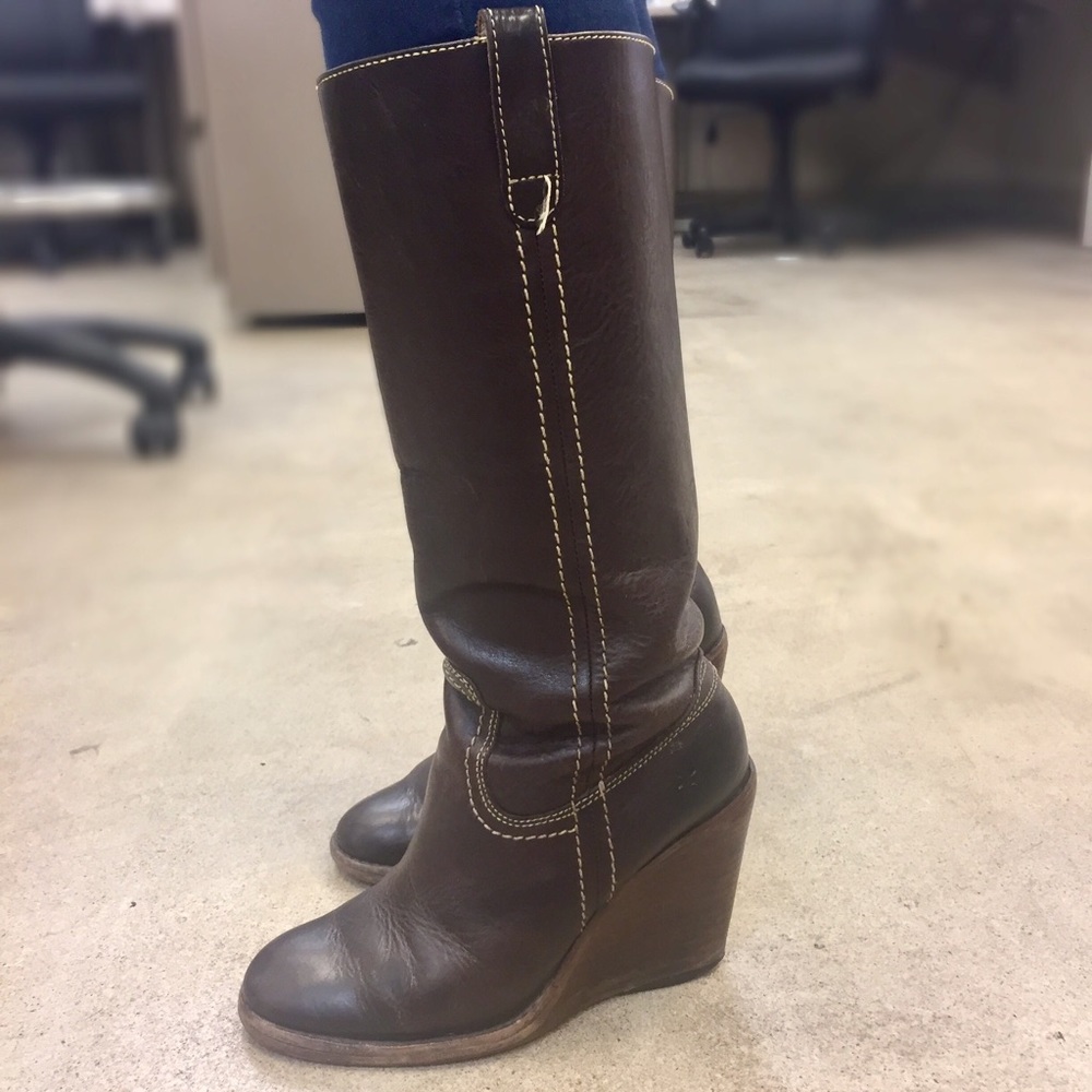 Frye- Brown Leather Wedge Caroline Campus Boots