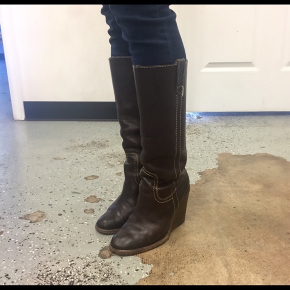 Frye- Brown Leather Wedge Caroline Campus Boots - Picture 3 of 8