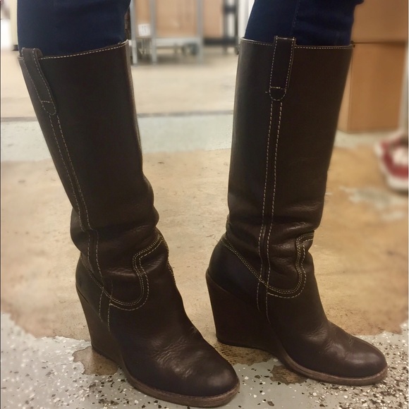 Frye- Brown Leather Wedge Caroline Campus Boots - Picture 2 of 8