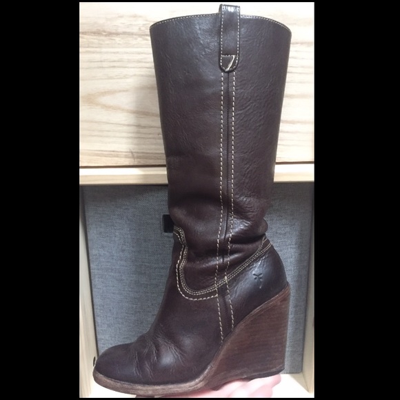 Frye- Brown Leather Wedge Caroline Campus Boots - Picture 5 of 8