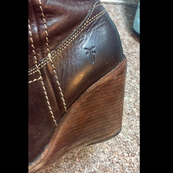 Frye- Brown Leather Wedge Caroline Campus Boots - Picture 6 of 8