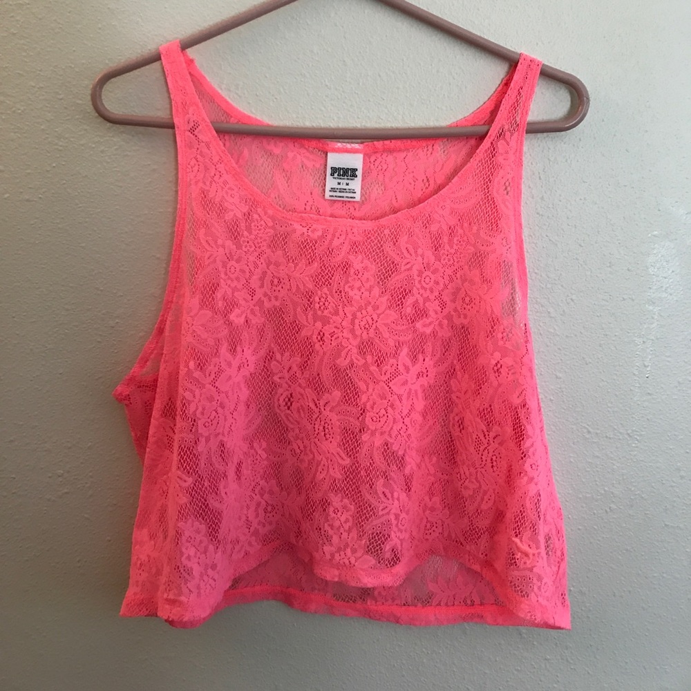 VS Pink Neon Coral Full Lace Crop Top