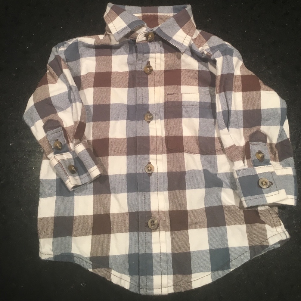 Baby brown/blue/white plaid button down shirt