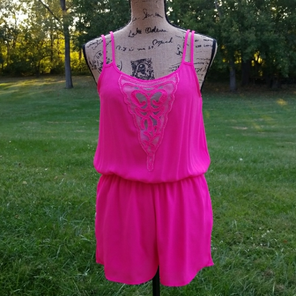 Pretty Romper, Bright Pink with Lace Inset