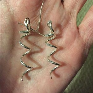 Silver corkscrew earrings, 2 inch drop