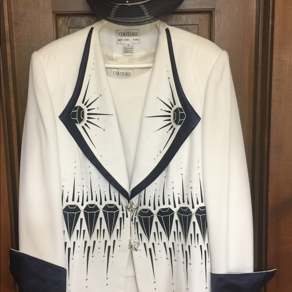 Couture 3-piece white women's designer suit, hat