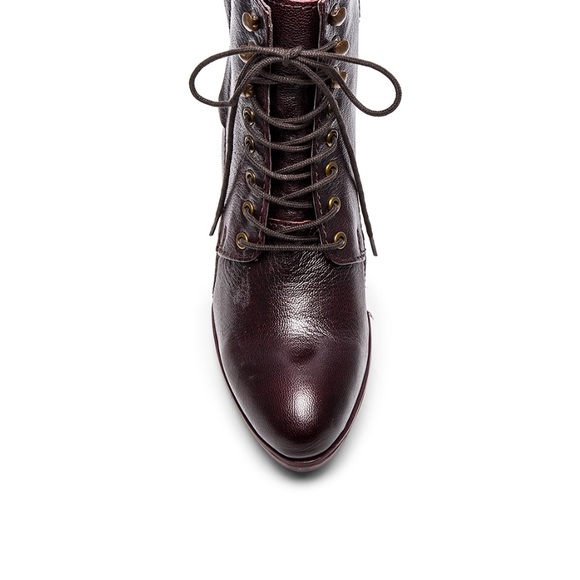 Distressed Leather Wine Lace Up Combat Moto Boot - Picture 3 of 6