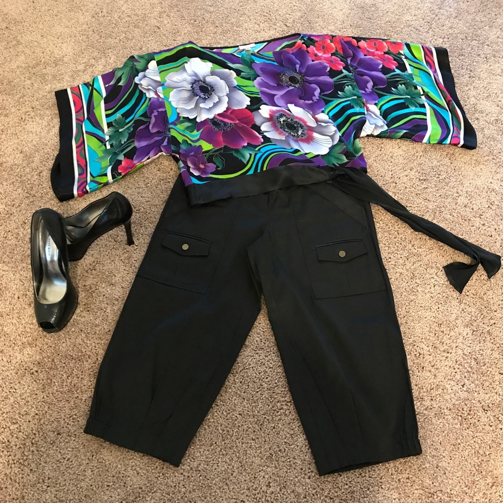 Cache black floral kimono blouse