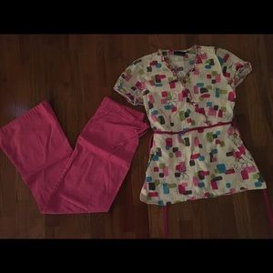 Matching scrub top and bottom.