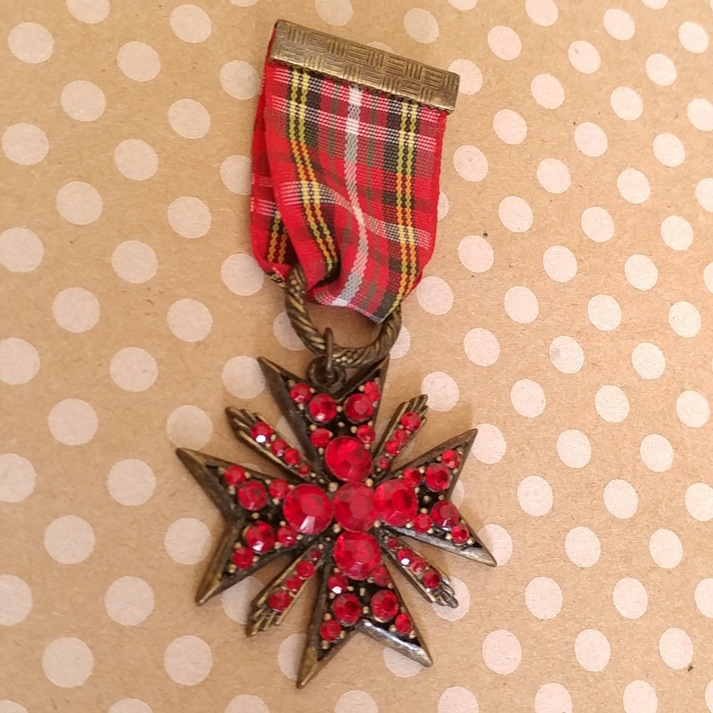 Faux Military Badge/Brooch with Red Rhinestones