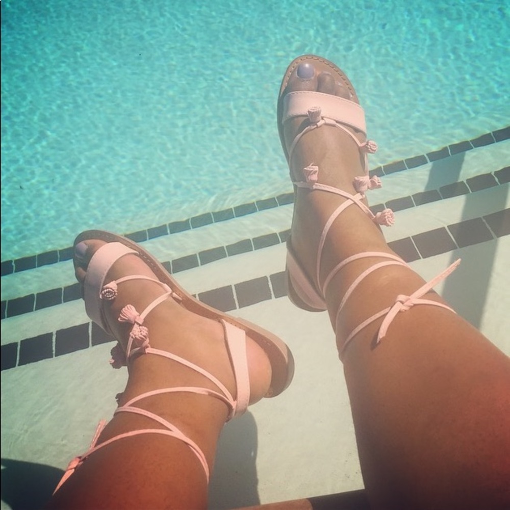 3 for $25 Pink lace up sandals w/ flower Pom Poms