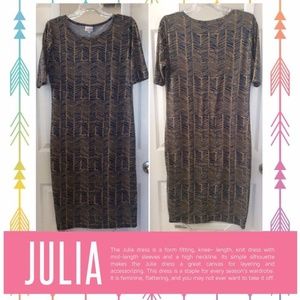 LuLaRoe Large Julia Blue and Tan Pattern Dress