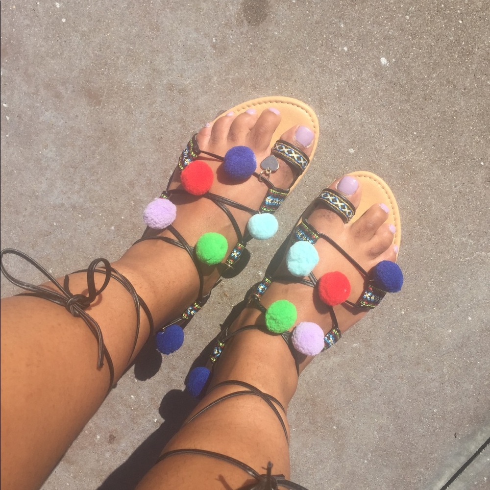 3 for $25 Pom Pom Sandals With Gold Charms