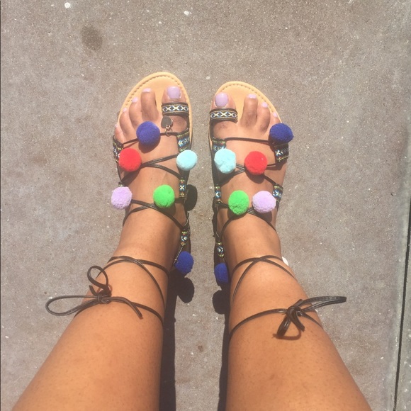 3 for $25 Pom Pom Sandals With Gold Charms - Picture 2 of 4