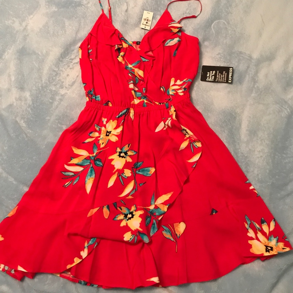 NWT Express red floral faux wrap dress
