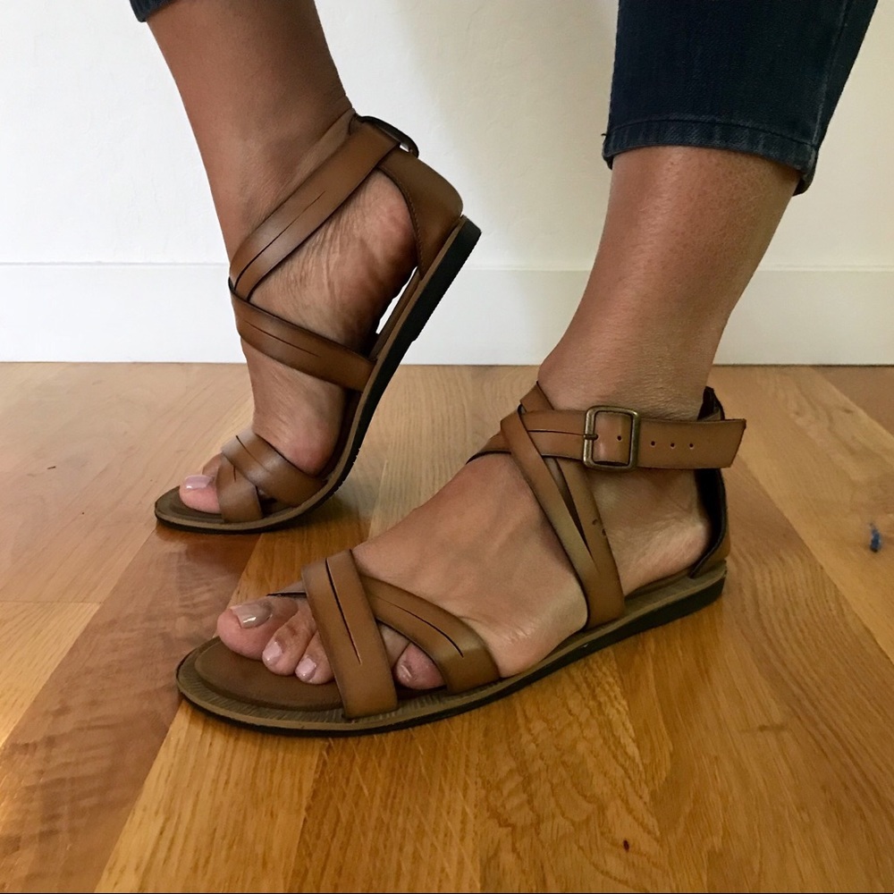 Clarks crisscross sandals with buckle closure.