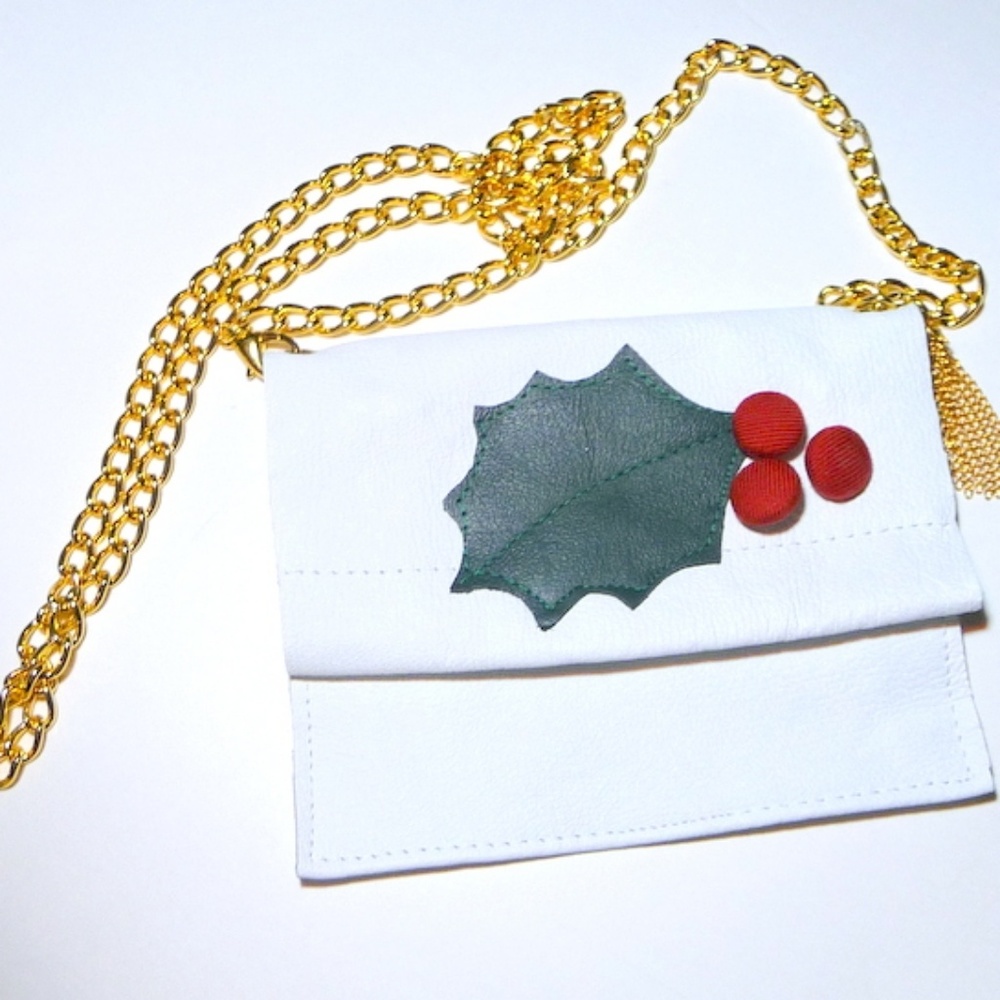 Hand Made Holly Leaf Leather Christmas Small Purse OOAK