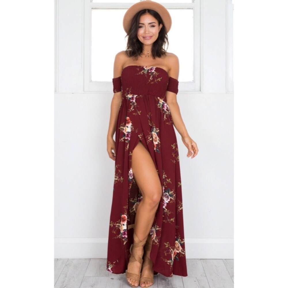 Floral Burgundy Maxi Dress-Off the Shoulder