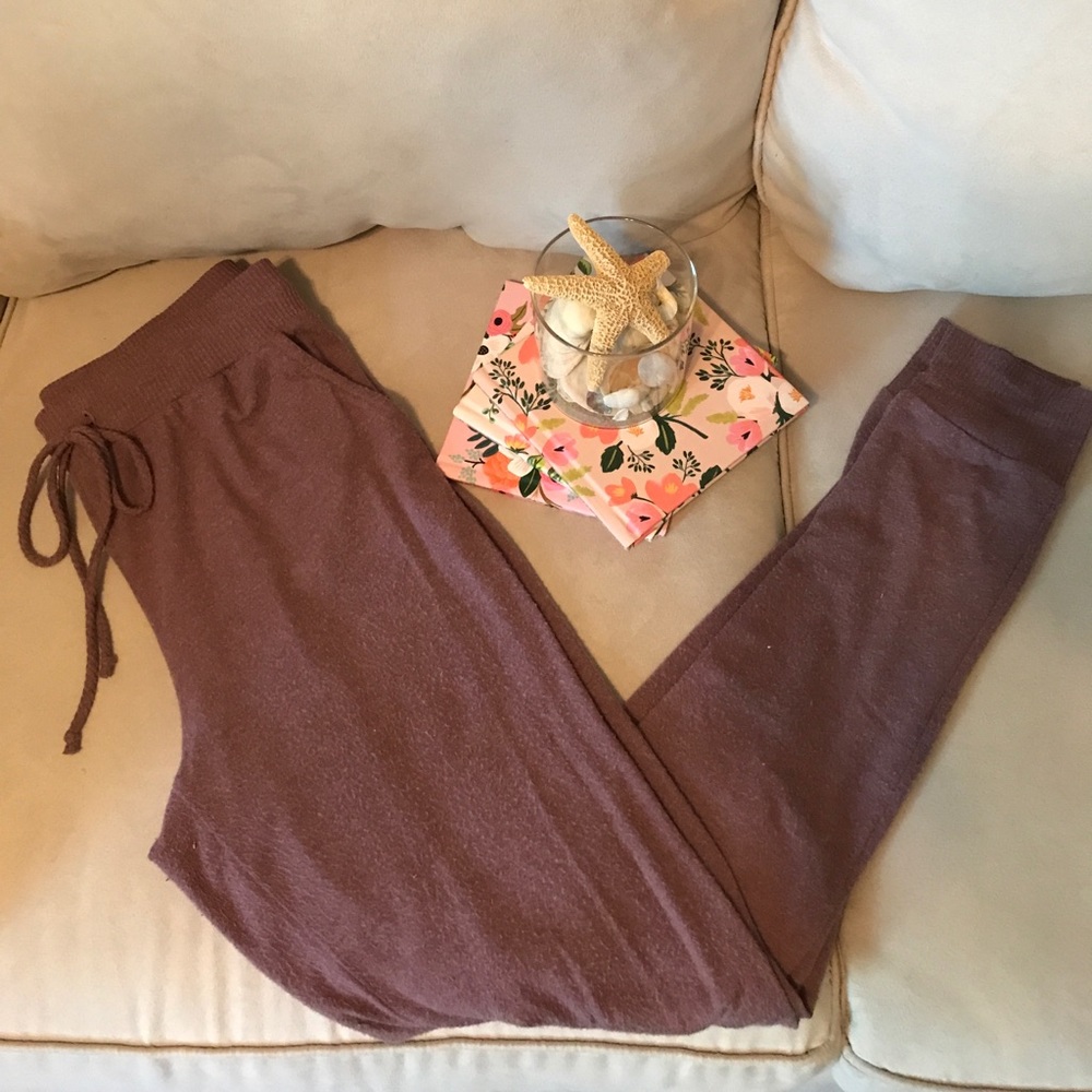 Plum colored lounge joggers.