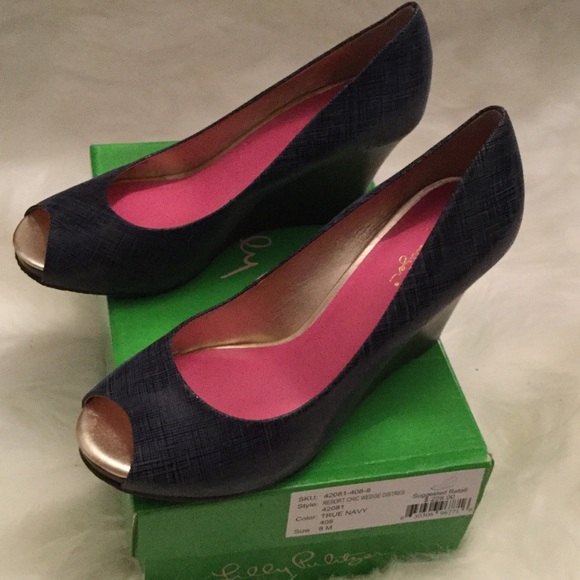 Lilly Pulitzer Shoes - Lilly Pulitzer Navy Blue Peep Toe Wedges