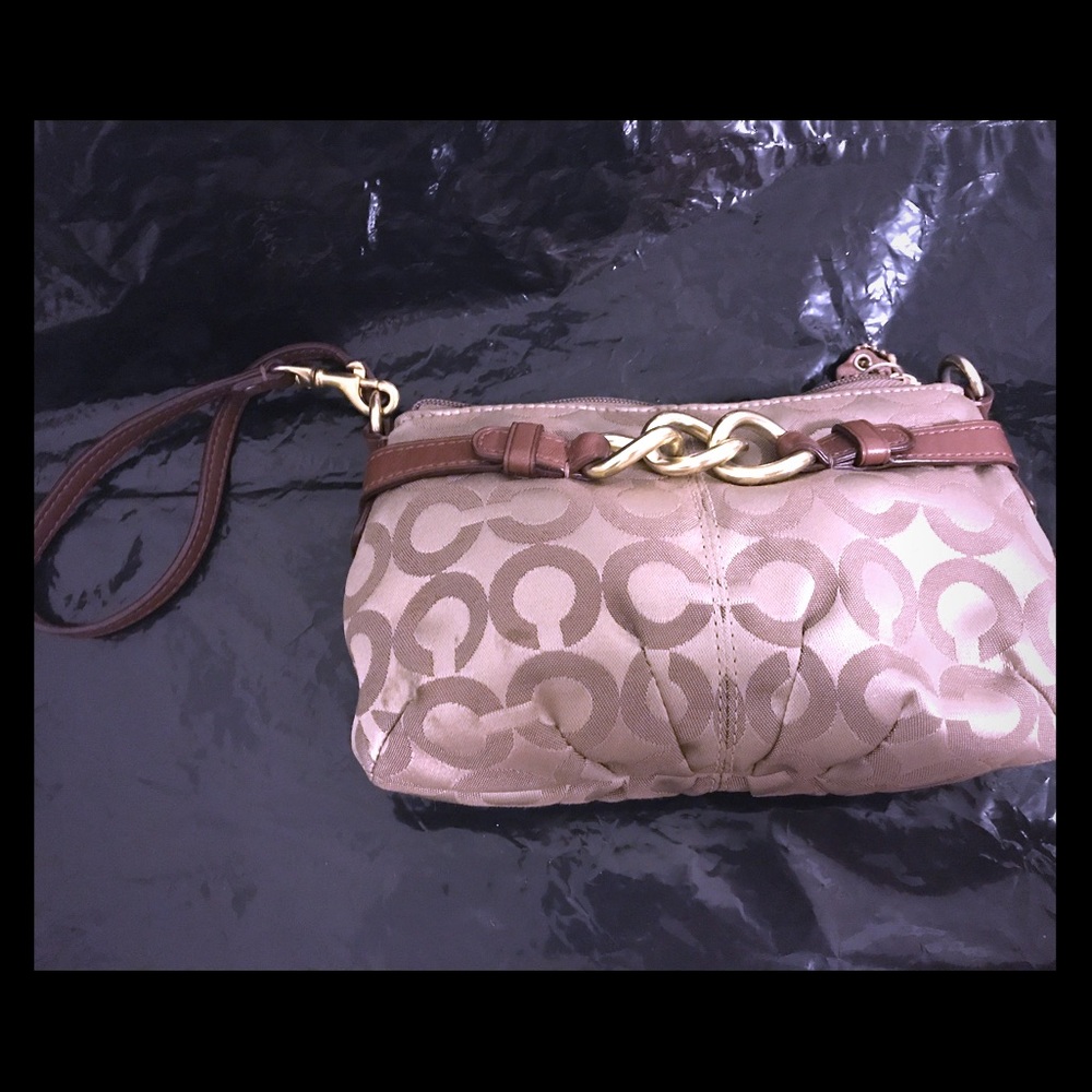 Coach logo canvas leather trim wristlet/ crossbody